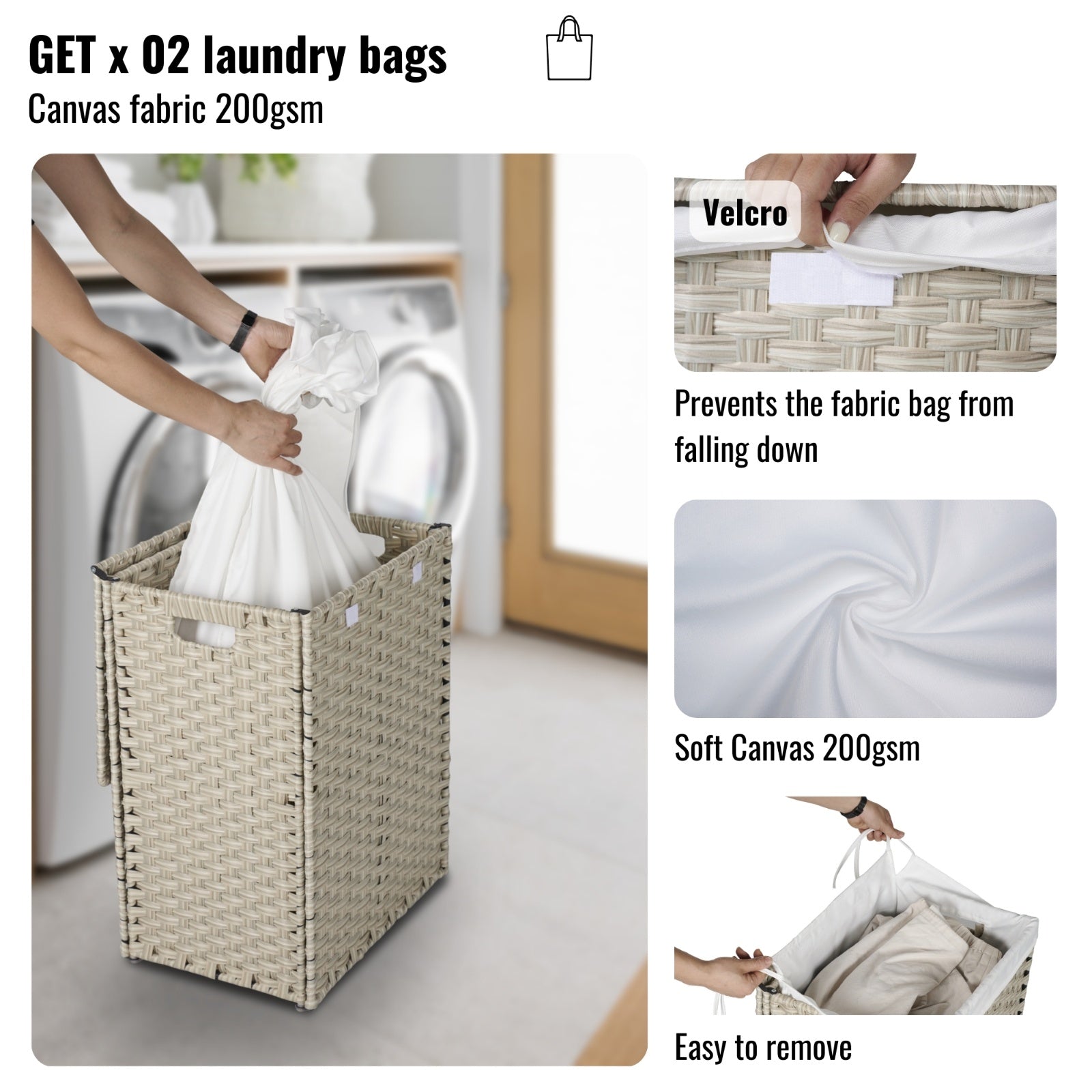 Laundry Hamper With Lid PE Rattan Powder Coating Frame Clothes Hampers With 02 Removable Bags,