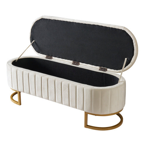 SOWO Luxe Storage Ottoman – Beige Velvet Button-Tufted Bench with Gold Metal Legs