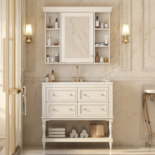 36'' Bathroom Vanity With Medicine Cabinet, Modern Mirror Cabinet With Adjustable Shelf, Bathroom Storage Cabinet With 4 Drawers, Solid Wood Frame Bathroom Storage Cabinet