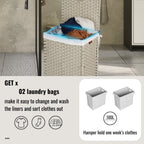 Laundry Hamper With Lid PE Rattan Powder Coating Frame Clothes Hampers With 02 Removable Bags,