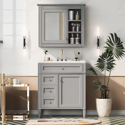30'' Bathroom Vanity With Top Sink, Modern Bathroom Storage Cabinet With 2 Drawers And A Tip-out Drawer, Freestanding Vanity Set With Mirror Cabinet, Single Sink Bathroom Vanity