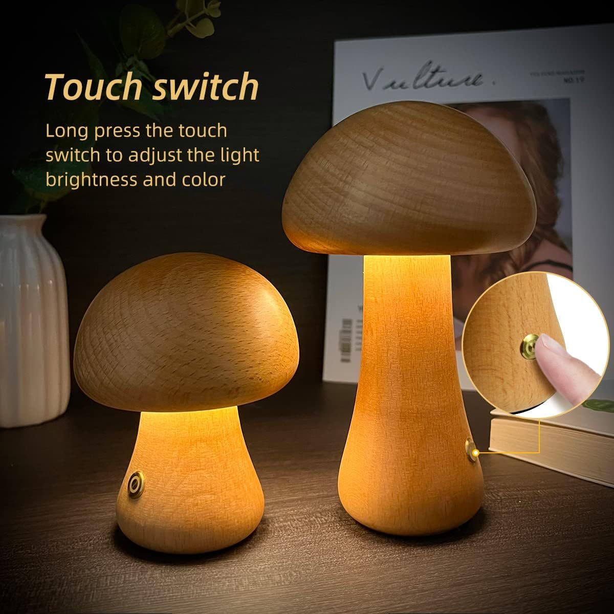 Wooden Cute Mushroom LED Night Light With Touch Switch  Bedside Table Lamp For Bedroom Childrens Room Sleeping Night Lamps Home Decor