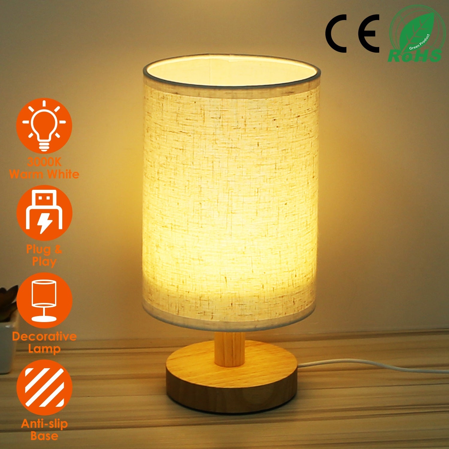 Warm White Bedside Lamp USB Plug Modern Bedroom Lamp
