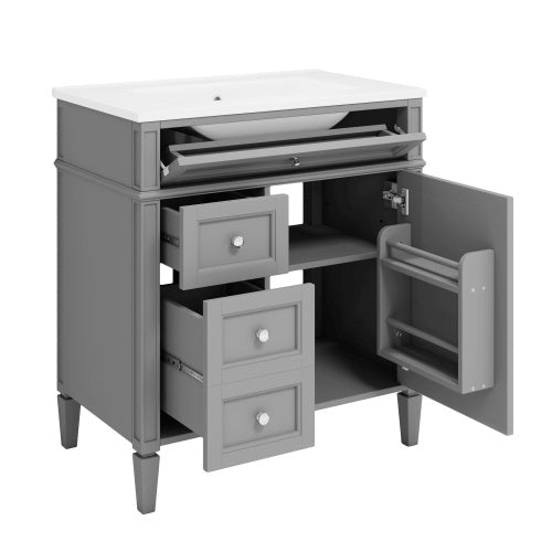 30'' Bathroom Vanity With Top Sink, Modern Bathroom Storage Cabinet With 2 Drawers And A Tip-out Drawer, Freestanding Vanity Set With Mirror Cabinet, Single Sink Bathroom Vanity