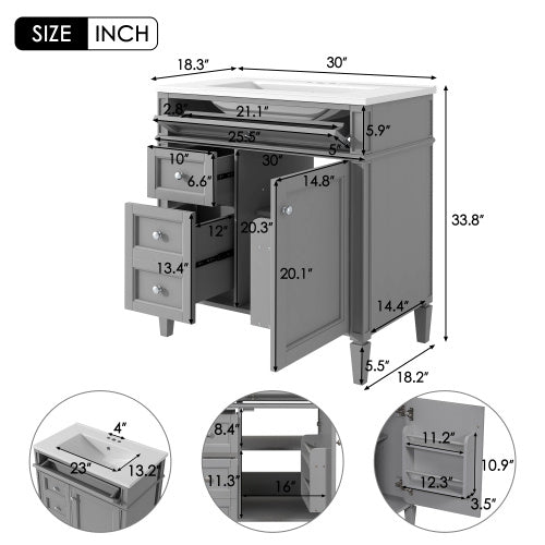 30'' Bathroom Vanity With Top Sink, Modern Bathroom Storage Cabinet With 2 Drawers And A Tip-out Drawer, Freestanding Vanity Set With Mirror Cabinet, Single Sink Bathroom Vanity