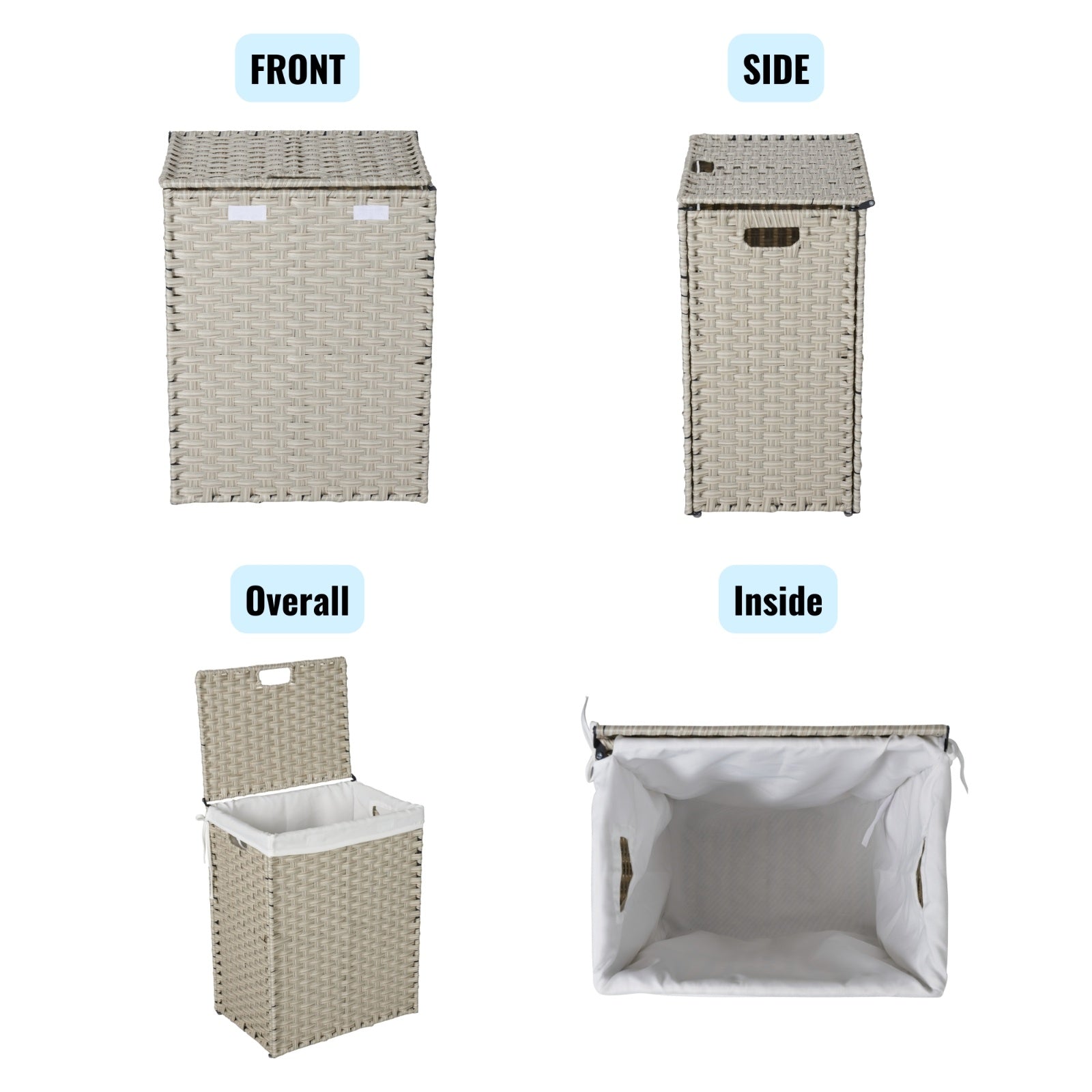 Laundry Hamper With Lid PE Rattan Powder Coating Frame Clothes Hampers With 02 Removable Bags,