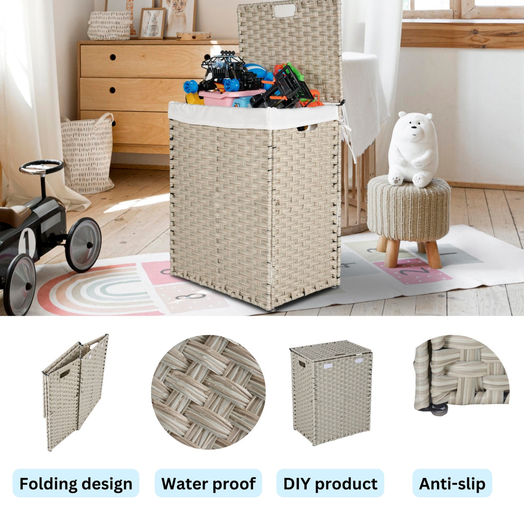 Laundry Hamper With Lid PE Rattan Powder Coating Frame Clothes Hampers With 02 Removable Bags,