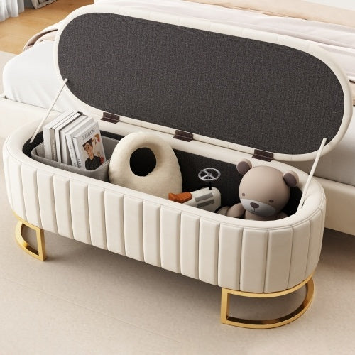 SOWO Luxe Storage Ottoman – Beige Velvet Button-Tufted Bench with Gold Metal Legs