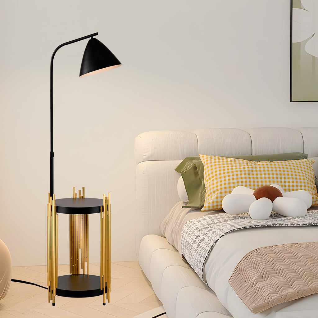 Luxury Shelves Floor Lamp For Living Room With Metal Lampshade, Standing Lamp Tall Industrial Floor Lamp Reading For Bedroom, Office E26 No Included Bulb -Matte Gold Matte Black
