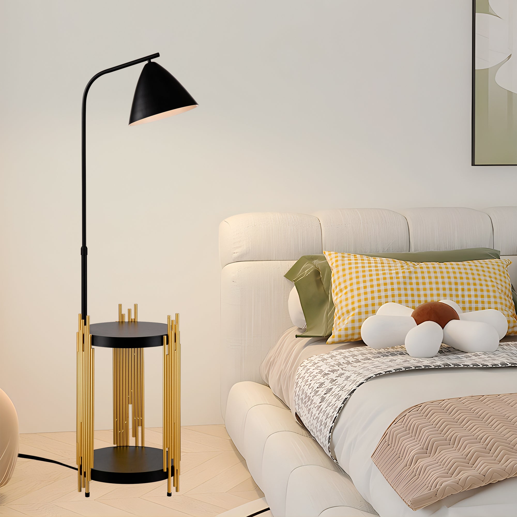 Luxury Shelves Floor Lamp For Living Room With Metal Lampshade, Standing Lamp Tall Industrial Floor Lamp Reading For Bedroom, Office E26 No Included Bulb -Matte Gold Matte Black